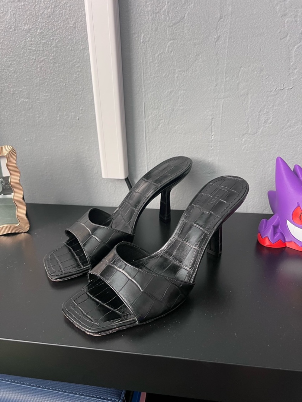 SCHUTZ Black Croc-Embossed Mule Heels